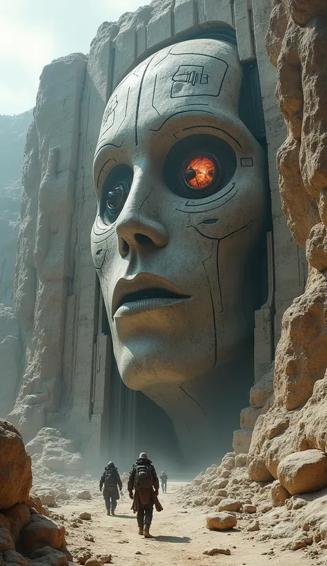 : Ancient Face Carved in a Cliffside with Sci-Fi Elements "Imagine an ancient, weathered cliffside with a massive, monolithic humanoid face carved into the rock. The intricate stonework appears both ancient and futuristic, with mechanical components integr...