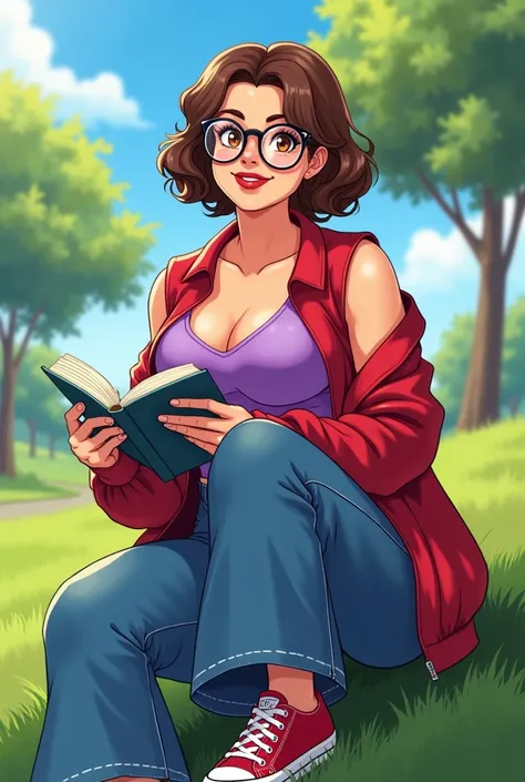 Pretty fat fat woman with short wavy brown hair, reading glasses ,  brown eyes ,  red lips,   sleeveless red jacket under a purple low-cut sleeveless t-shirt,   wide-leg blue jeans red and white canvas sneakers in the background of a sunny park,  anime sty...