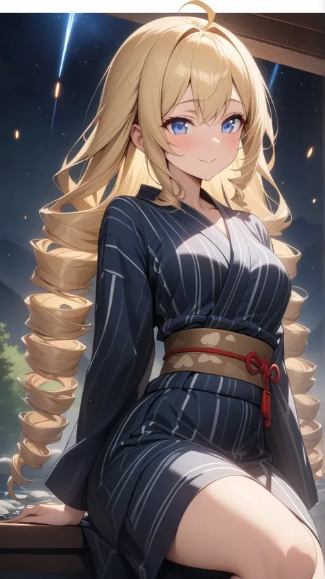   girl、Drill Hair、 blonde alone、Ahoge、  blue eyes、Narrow eyes、Tree Eyes、smile、 simple Japanese yukata 、 upper body、I only put my feet in the rocky hot springs、 night sky background with flowing meteors、masterpiece、  best quality、 Graceful Depiction  、Cute ...