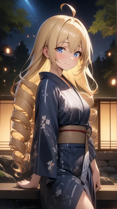   girl、Drill Hair、 blonde alone、Ahoge、  blue eyes、Narrow eyes、Tree Eyes、smile、 simple Japanese yukata 、 upper body、I only put my feet in the rocky hot springs、 night sky background with flowing meteors、masterpiece、  best quality、 Graceful Depiction  、Cute ...