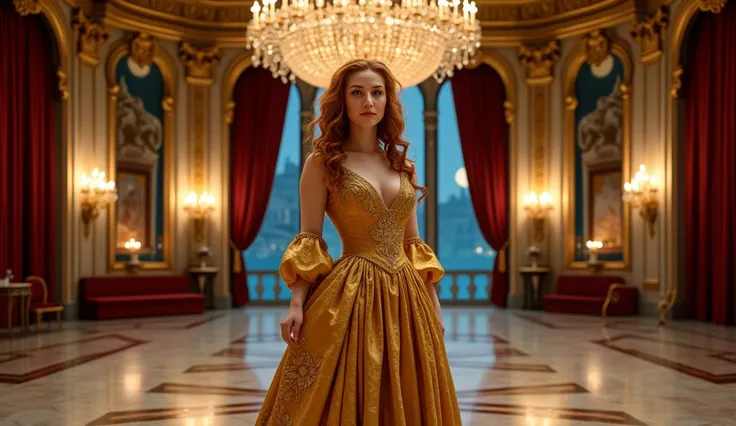 A stunning Venetian girl with auburn curls cascading over her shoulders, wearing a golden damask gown with wide, flowing sleeves and intricate embroidery. She stands beneath a massive Murano glass chandelier in a grand ballroom, its ceiling painted with sc...