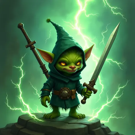 goblin gnome have a sword in the back and hoodie with green thunder aura