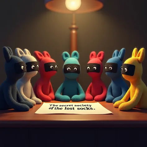 realistic sock characters of different colors in the style of Pixar cartoons, they are gathered around a table with the title "The secret society of the lost socks", the image must give a mysterious and secret impression, socks wear black masks