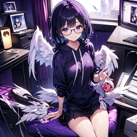 solo1.3、Palms facing up 1.7、 Max Image、Birds-eye view from above composition 1 .3、Seiko no Hand 1 .3、 black bob cut 、 sitting on the purple cube in front of the monitor 、black simple hoodie and purple mini skirt 1.6、 Fleshy Thighs 1 .3、Angel Girl Sandalpho...