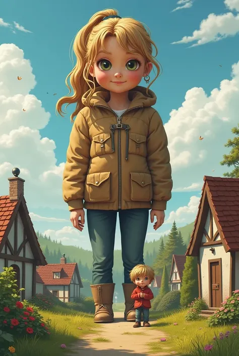 Leonies giant world she is beautiful medium ponytail friendly smile Leonie is a giantess whole 20 meters tall Fantasy in a small village the village looks tiny for the girl from her perspective standing next to her is her little brother Jonas he is  Mädche...