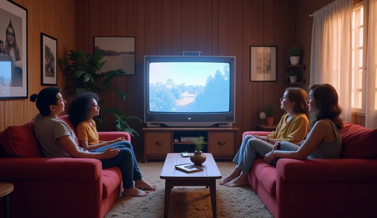 A living room from the 80s with people watching TV with a view away from the TV