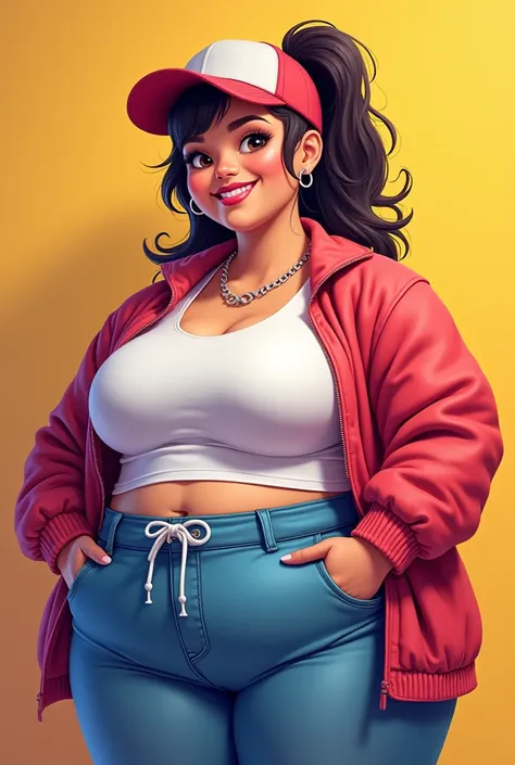 Extremely fat  teen girl friendly smile nice cool hip hop outfit beautiful medium ponytail cool baseball cap pink lips in pink Mädchen ist extrem dick runder Bauch riesiger hintern