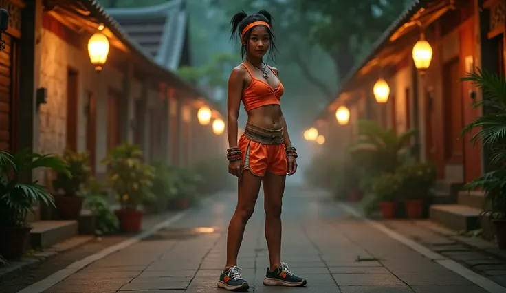 A teenage Thai girl with a blend of Thai and Chinese heritage, fair skin, and an hourglass figure with toned muscles. She is wearing a short, sleeveless, form-fitting stretch fabric outfit, with a bright headband and casual cloth shoes. She is adorned with...