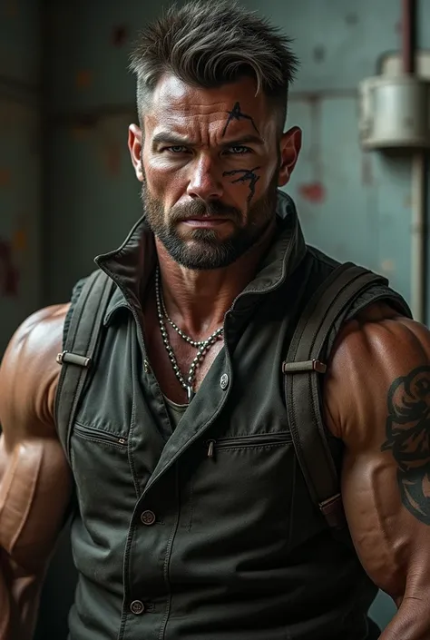 muscular Mann, Early thirties, Eastern Bloc, scar on face