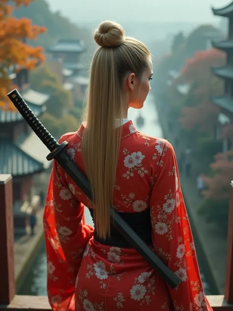 (Masterpiece. High angle view) From back. High angle view. A stunning European love goddess. naked. Age 20. Blonde long straight hair. Bun. 44d round natural perky breasts.fit body. yukata. Katana.