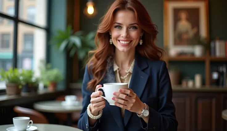  The scene shows a stunning English woman ，She smiled， x} She is wearing a classic and modern suit . She already, , flowing maroon hair ， Her hands are holding a steaming cup of tea ，An elegant neckline .  including a touch of lip color and a hint of blush...