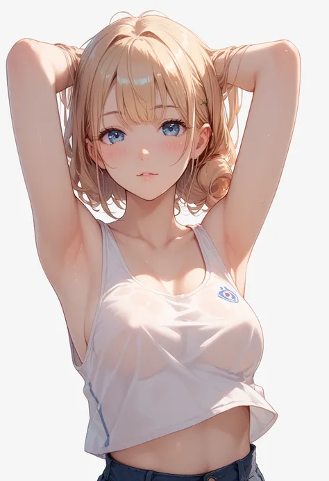 Look at your armpitsせている，blush，no nipples ，Look at your armpits，Is the tank top transparent， no background 