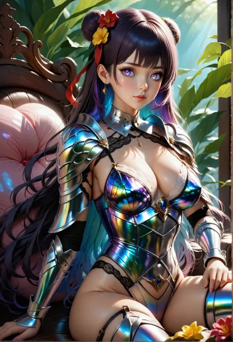 1maturegirl,mahiru shiina, Long smooth straight dark purple hair, inner dark iridescent hair, iridescent eyes,aesthetic curvy figure,sitting in fantasy lingerie themed armour,masterpiece, super detail,detailed eyes, best quality, 8k,realistic