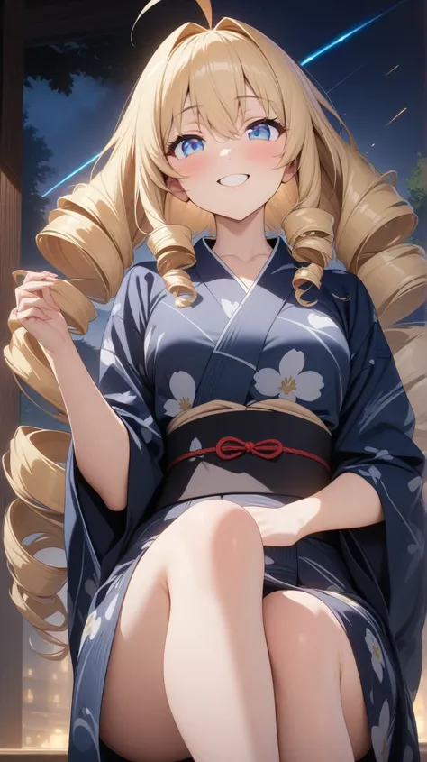   girl、Drill Hair、 blonde alone、Ahoge、  blue eyes、Narrow eyes、Tree Eyes、smile、 simple Japanese yukata 、 upper body、I only put my feet in the rocky hot spring in front of the woman、 night sky background with flowing meteors、masterpiece、  best quality、 Grace...