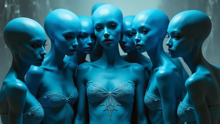 there are 10 sexy blue alien girls wearing bra, a man is trapped between them.