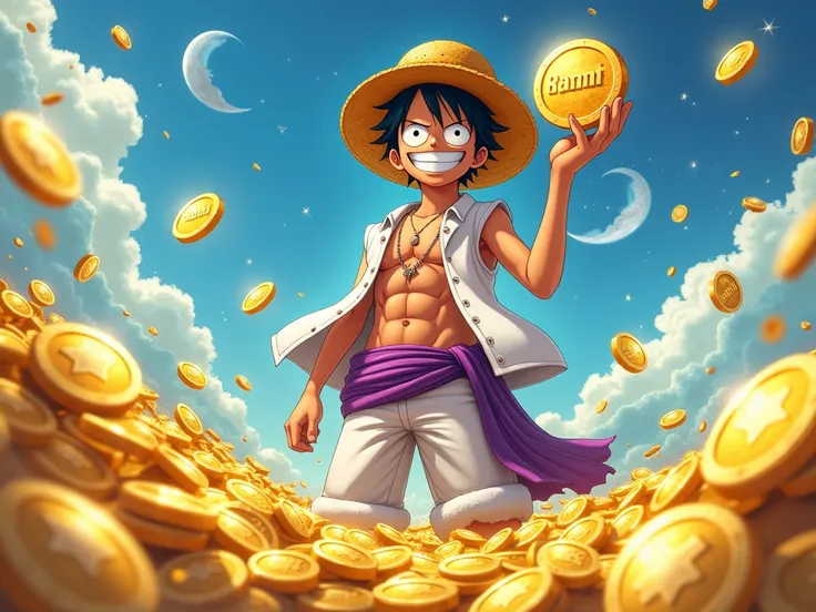 The model is wearing glass sunglaCreate a vibrant and action-packed image of the white flowing cloud-like hair of Monkey D Luffy the pirate with a straw hat in his cloudy 5th Gear appearance, wearing a white vest and white shorts and a purple pirates sash,...