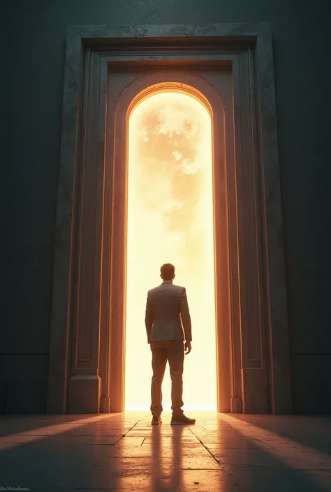 arafed image of a man standing in a doorway with a light coming through it, digital art by Alexander Kucharsky, pexels, conceptual art, opening a shining portal, doors that are cosmic portals, open portal to another dimension, entrance to ethereal realm, p...