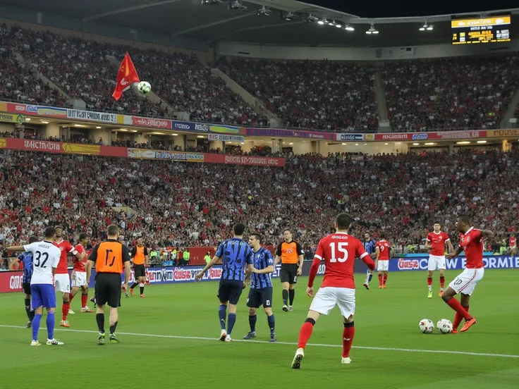 A thrilling FIFA World Cup soccer match in a packed stadium, with players in vibrant jerseys battling intensely on the field under dazzling stadium lights, while the roaring crowd waves flags and cheers.