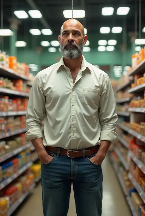 Bald man with a beard around his mouth wearing a white shirt has a long sleeve and blue jeans hangs on a string at a grocery store 