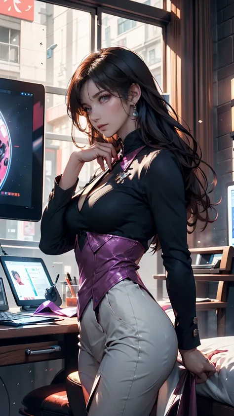 Woman in suit using tablet computer in room, In progress, San Yun-ju, Still , Super villain as Park Shin-hye , Full Device, With the magic tablet,   cyberpunk art with Yoo Lee Ji Eun playing a supervillain, PROFILE POSE , [  realistic pictures ]!!, Shin Mi...