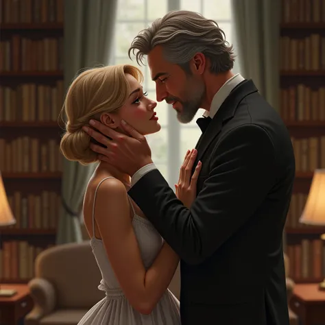 In the library， A young beautiful girl stands with a handsome mature man，They stand face to face ， a man holding a girls face ，GIRL WITH LIGHT COLORED HAIR 