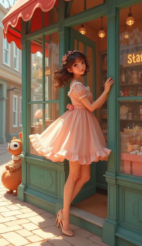 Pretty girl in travel dress clings to candy store