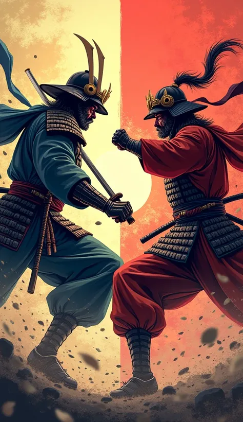 In ancient Japan an action pack image of  A vibrant anime-style collage showing a samurai and ninja mid-battle, their strengths and weaknesses visually contrasted. The image invites the viewer to decide the outcome.