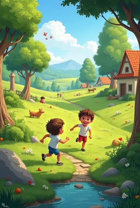 Illustration description:
A , fair-skinned, curly-haired, beautiful-eyed boy and a , fair-skinned, brown-haired 
rens imaginations depict a village: greenery, meadows, large trees and clear skies. ren run around in the meadow, birds sing and animals roam a...