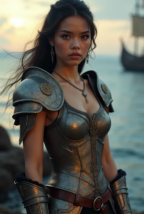 a beautiful young filipina women Viking goddess in metal armor standing next to ancient Viking ship, medium long body shot, beautiful muscles, beautiful stomach,beautiful chest,light soft, soft atmosphere and reduce background lighting and sea,directly loo...