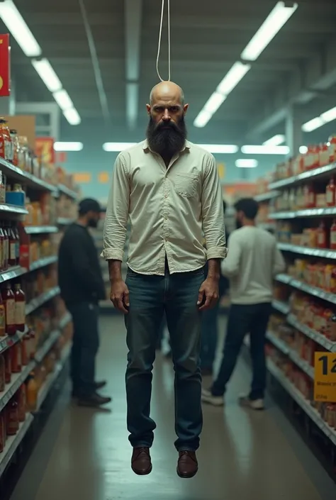 A bald man with a beard around his mouth wearing a white shirt has a long sleeve and blue jeans hangs on a string at a grocery store and is dead 