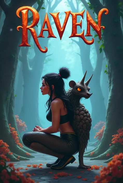 Image: Manifico Disney squatting with a  on her back with the first name Raven written in capital letters at the top