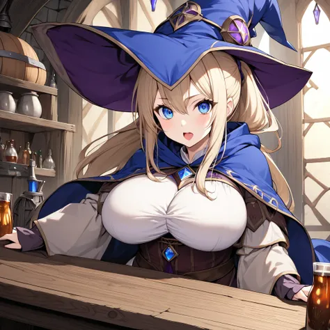 there is medieval tavern,a pretty mage girl is sitting behind table,open chest mage robe,her heights is 140cm,blue low long ponytail with huge mages hat,big breasts,sharp eyes,open mouth,gaze to here