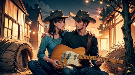 masterpiece, a romantic evening scene with a man wear a cowboy hat playing a telecaster electric guitar and a woman resting her ...