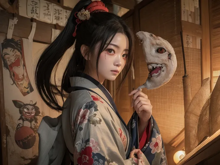 ((Highest quality)), ((masterpiece)), (detailed) photorealistic、 the first hairy monster 、A woman in a dirty, torn kimono with a horrible face floating in the air、 Full Body Figure of a Yokai 、 Has Many Eyes on Her Face 、Yokai no Onna 、 Yokai Has Many Eyes...