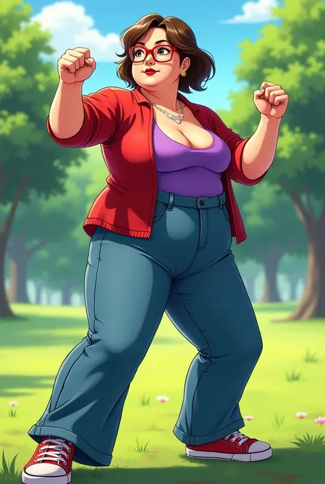 FAT FAT overweight woman with fat on her body with short wavy brown hair, reading glasses ,  brown eyes ,  red lips,   sleeveless red jacket under a purple low-cut sleeveless t-shirt,  wide-leg blue jeans practicing martial arts red and white canvas sneake...