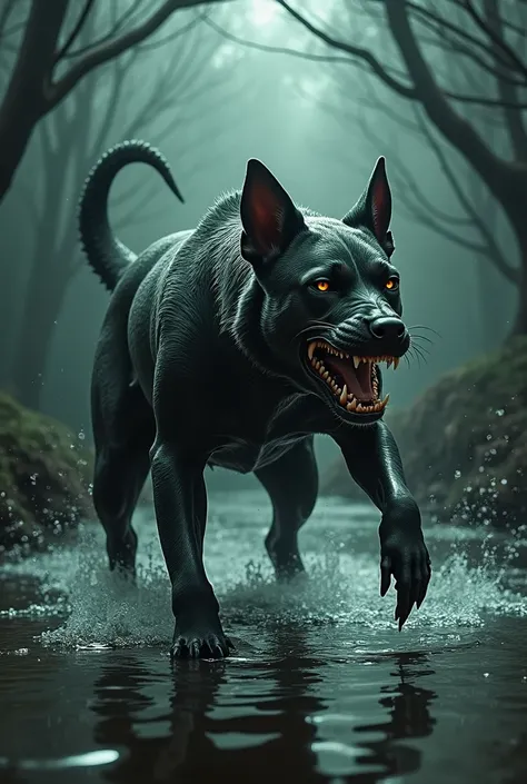 A terrifying hybrid creature blending the aggressive features of a dog and a piranha fish. The hybrid has the muscular body and stance of a dog, with sleek, wet fur transitioning into shiny, scaled skin. Its face combines the sharp teeth and predatory eyes...