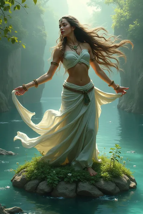 The Hindu-style Mother Earth wrestles her hair with long ends down the river, sitting in the middle of an island surrounded by a vast river.