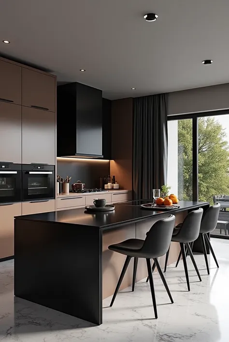 Professional 3d architecture perspective  rendering design of modern and minimal and high tech design for  elegant  and  luxurious kitchen  with mink color  and black glassy cabinets and elegant velvet  dark steel 3 chairs and  black glassy for island’s su...