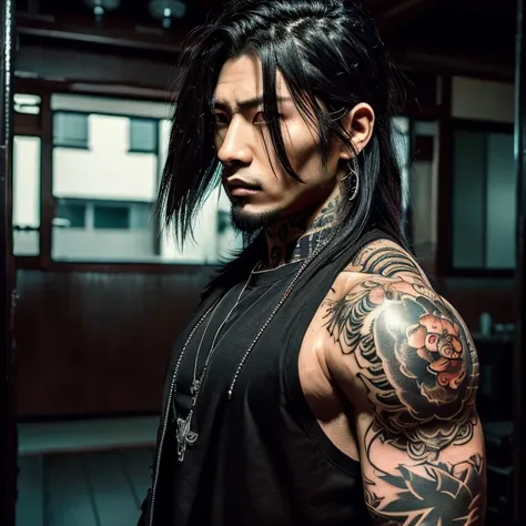 1 man, Japanese man, male, Asian eyes, muscular, broad shoulders, yakuza tattoos, hairstyle Visual Kei style, hair Visual Kei, black mens shirt and black pants, ultra detailed face, hyperrealistic, realistic representation, long hair, long hair, 30 years o...