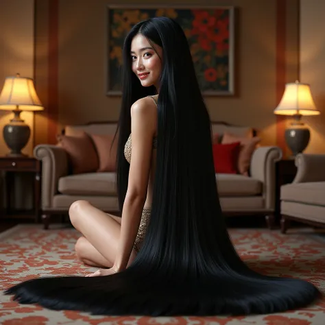 （最  High Quality  。  High Quality  。  highest resolution 。  ultra-realistic pictures  。  Full Body Portrait  。）  A young and beautiful womans very long hair is on the gorgeous living room floor。 Her hair is about 9 meters long  。 Her hair is very long、 The...