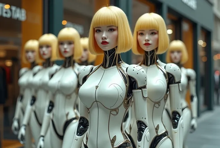 A group of female robots,robots looks likea busty 20s korean idol,large breast,shopping window,blonde bobcut hair,standing in a row,photo