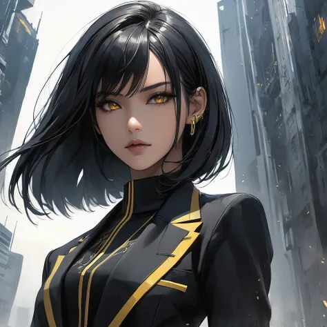 Neo-noir Futuristic art style, dynamic low-angle wide shot side view, waist-up, semi-realistic anime-style woman. Black hair, sleek and straight, framed by a sharp bob just below her jawline. Warm tan skin, piercing black almond-shaped eyes, with intense a...