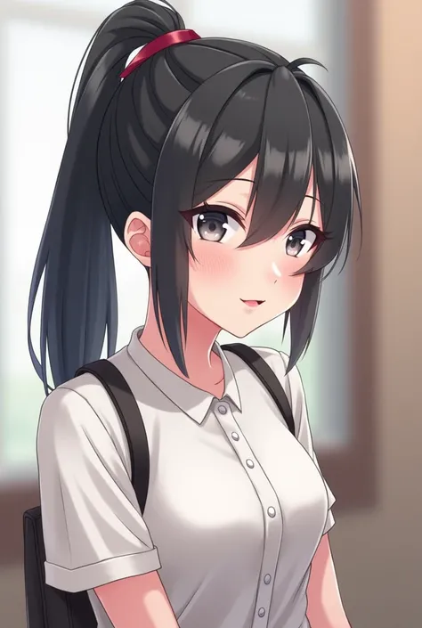 a 19 years old girl, light skin, black hair, gray eyes, wearing kemeja, realistic, Solo, Ponytail, Side Ponytail, High Ponytail, Hair Over Shoulder, Breasts, Happy, Yandere, High Resolution, Best Quality, HD, High Details, Super Detailed, Textured Skin, Re...