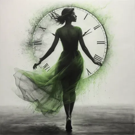 Charcoal drawing, black pencil drawing, pencil drawing, line drawing, black and white drawing, graphite drawing, toned paper,
A bright green monochrome image of a womans silhouette, determinedly walking against the flow of time, represented by a clock that...