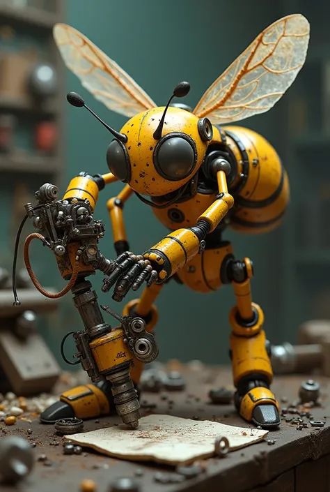 An maniac mecanic bee repairing  robot arm 