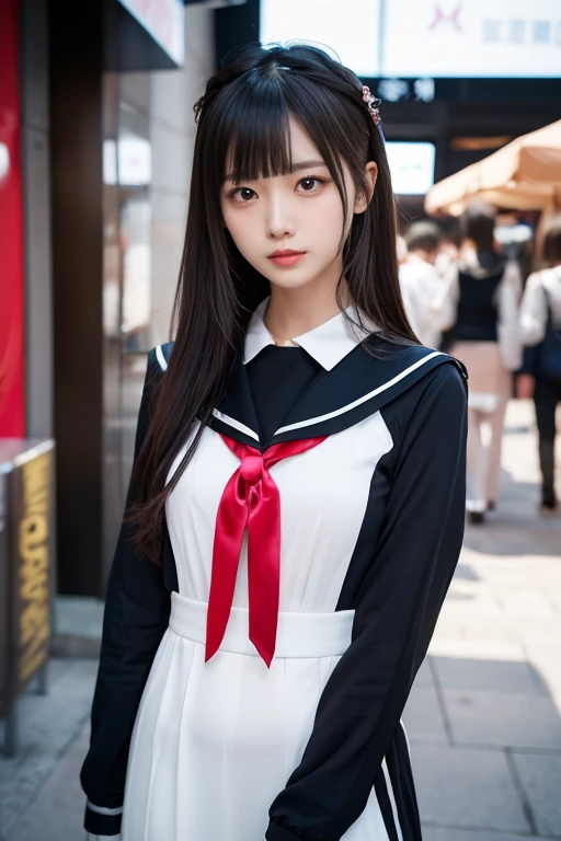 Japanese women who look like idols , long hair ,  straight hair, Round face , bust up ,  sailor suit  ,  as in the picture  ,  top-quality、8k、masterpiece:1.3))Wearing a silver-white mechanism，A girl with a beautiful face， Max Image，Ultra Clear，  facial fea...