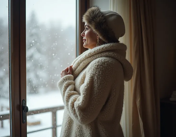 ((petit pull orange en laine angora , laine mohair très épais , duveteux , doux et moelleux)), sur MILF 39 ans, mince , bronzée et voluptueuse, cest son seul vêtement sur corps entièrement nu, elle regarde par la fenêtre la neige tombe , elle ajuste son bo...