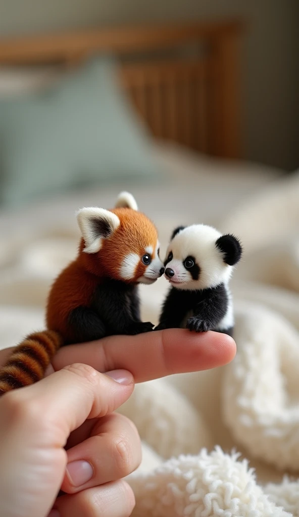 "A realistic photograph of an incredibly tiny baby red panda with soft, reddish-brown fur, a striped bushy tail, and curious black eyes, sitting beside an equally tiny baby panda with a fluffy black-and-white coat and round, playful eyes. Both are delicate...