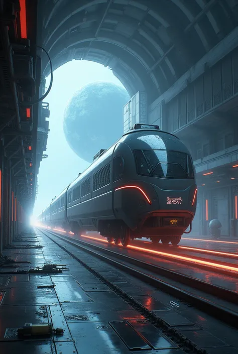 there is a train coming out of a tunnel with a planet in the background, big train in space, scifi platform, train in a tunnel, space travel, of space travel, futuristic cyber subway station, scifi scene, scifi illustration, depicted as a scifi scene, sci-...