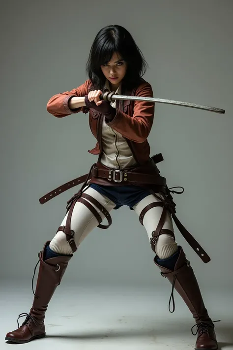 A photo of a woman in a Mikasa Ackerman cosplay, standing with her feet shoulder-width apart, knees slightly bent, and her body leaning forward. She is holding an Arnis stick in a striking position, one hand near her chest and the other hand extended forwa...